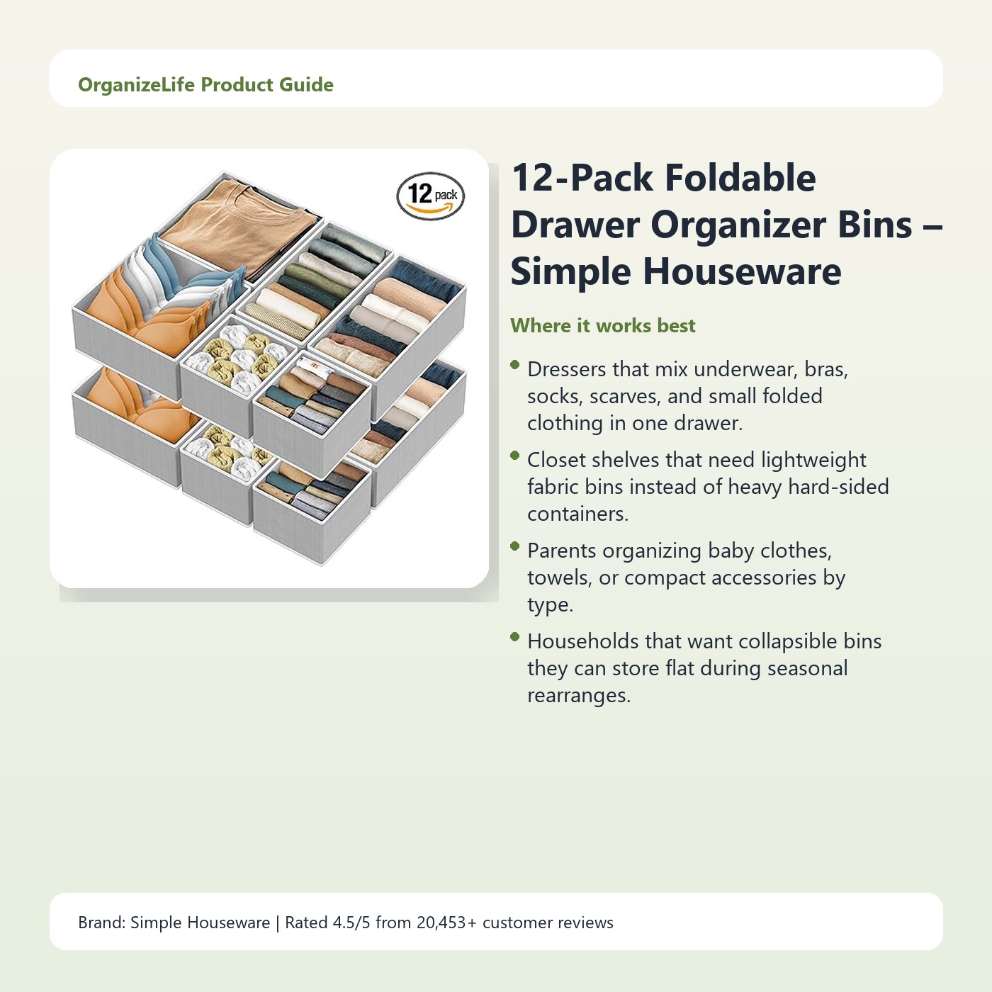 12-Pack Foldable Drawer Organizer Bins – Simple Houseware Clothing Storage Set - Image 2