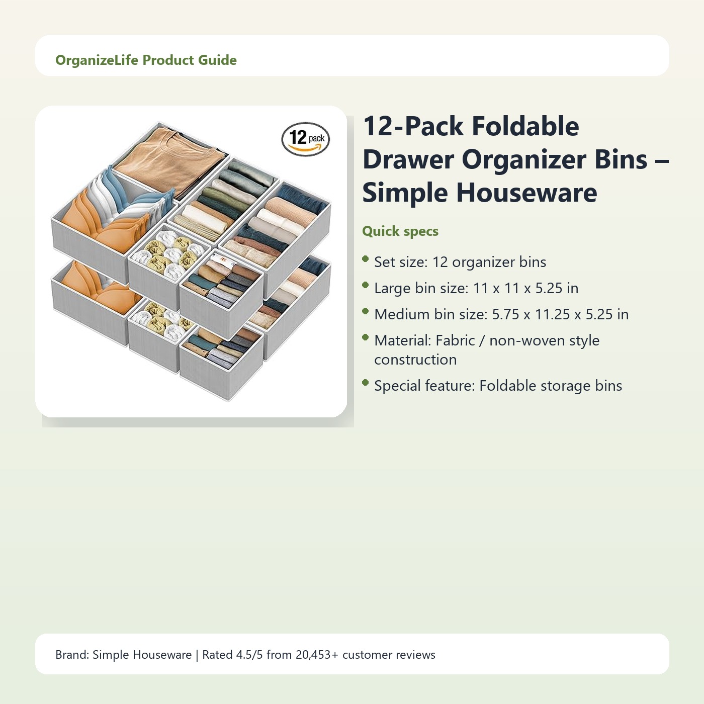 12-Pack Foldable Drawer Organizer Bins – Simple Houseware Clothing Storage Set - Image 3