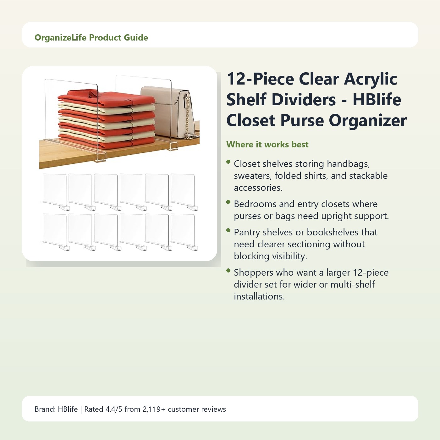 12-Piece Clear Acrylic Shelf Dividers - HBlife Closet Purse Organizer Set - Image 2