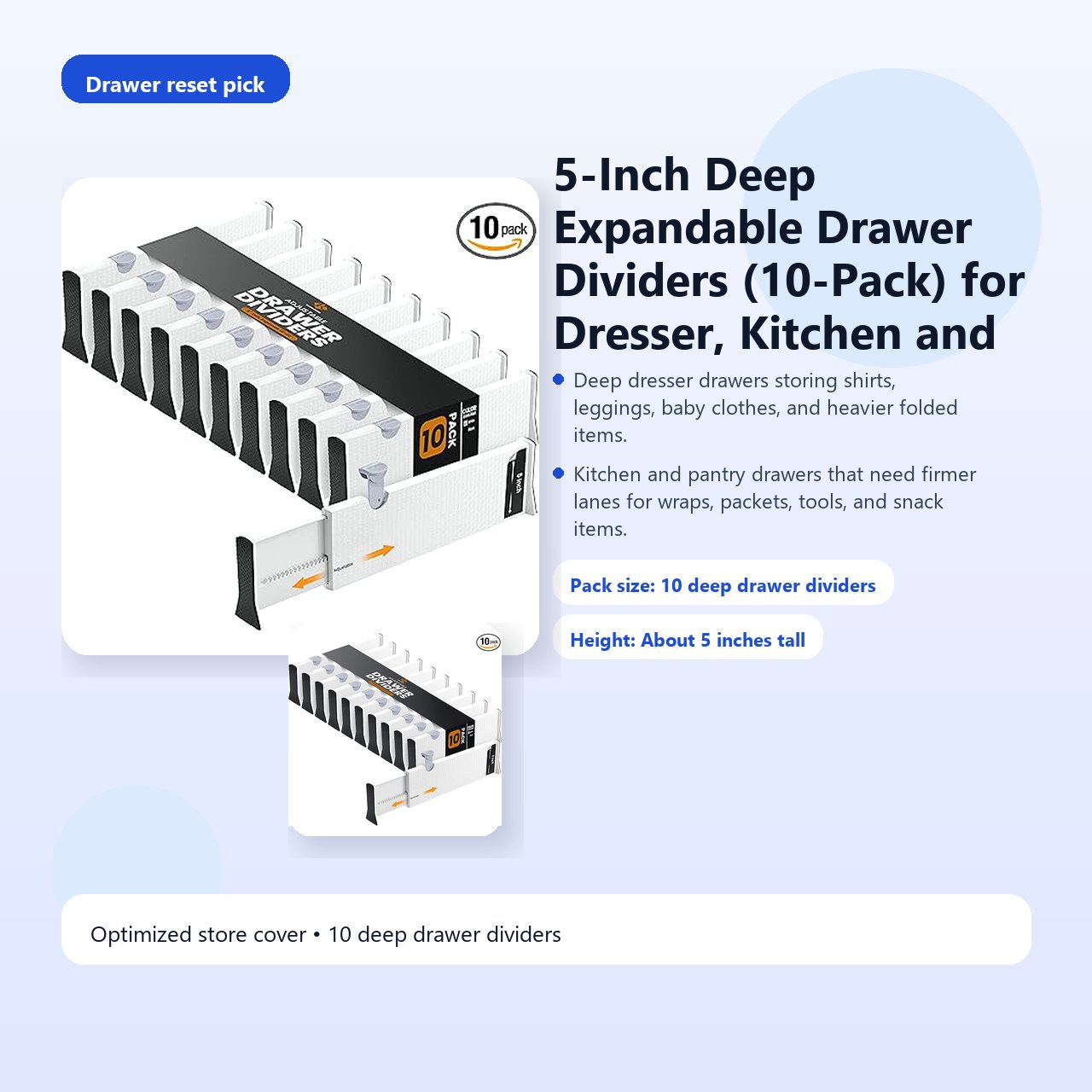 5-Inch Deep Expandable Drawer Dividers (10-Pack) for Dresser, Kitchen and Pantry Storage