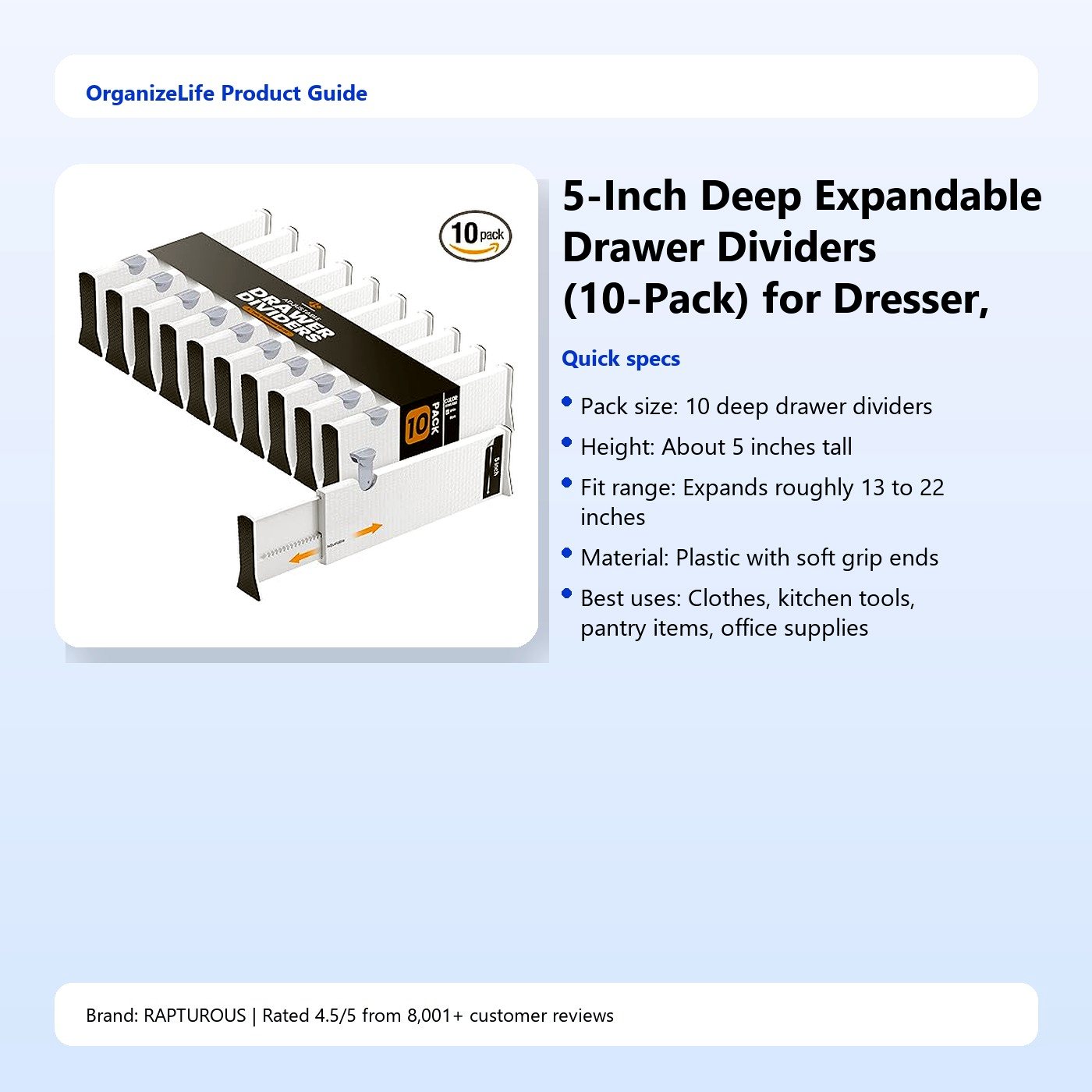 5-Inch Deep Expandable Drawer Dividers (10-Pack) for Dresser, Kitchen and Pantry Storage - Image 2