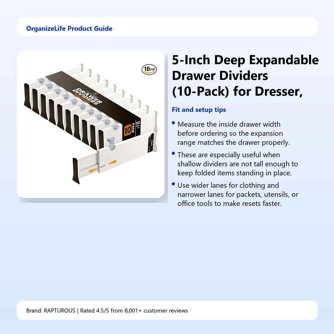 5-Inch Deep Expandable Drawer Dividers (10-Pack) for Dresser, Kitchen and Pantry Storage - Image 3