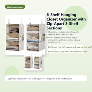 6-Shelf Hanging Closet Organizer with Zip-Apart 3-Shelf Sections