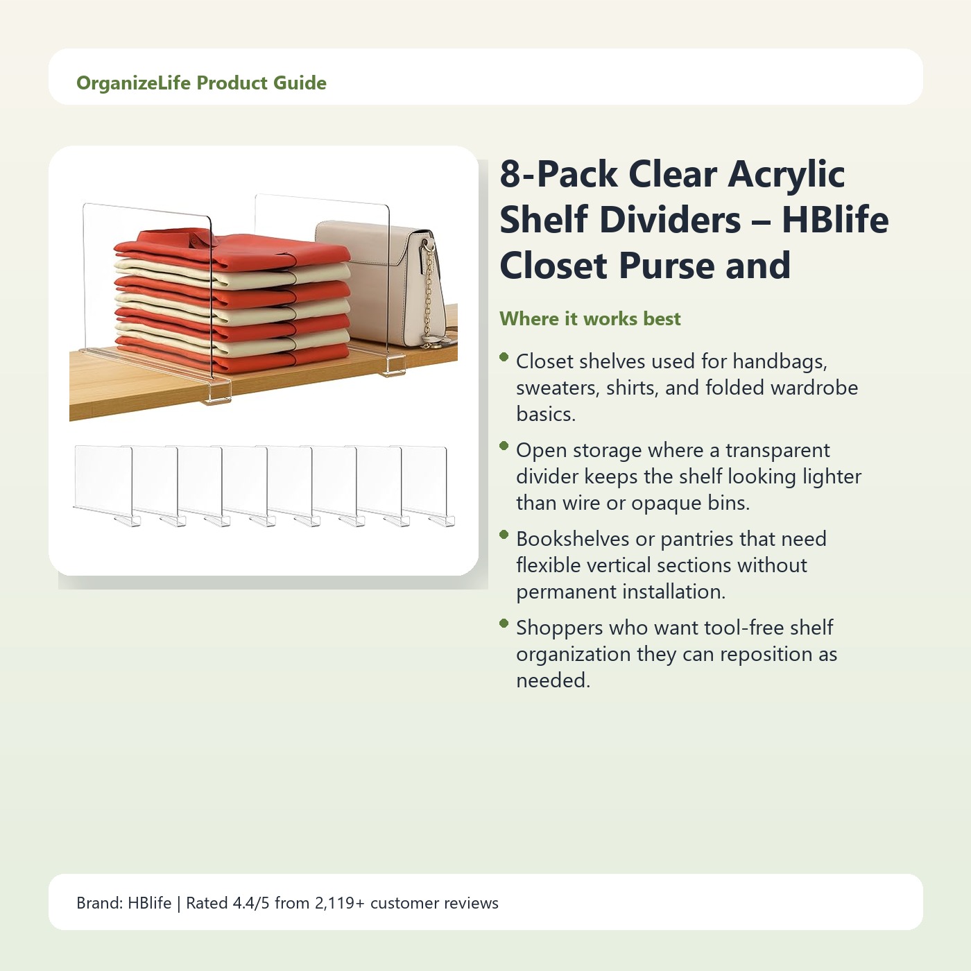 8-Pack Clear Acrylic Shelf Dividers – HBlife Closet Purse and Sweater Organizer - Image 2