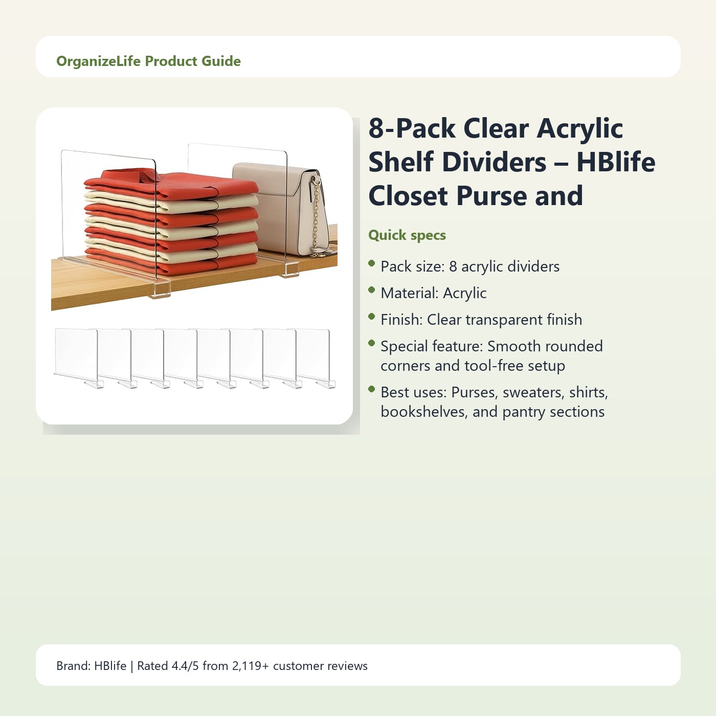 8-Pack Clear Acrylic Shelf Dividers – HBlife Closet Purse and Sweater Organizer - Image 3
