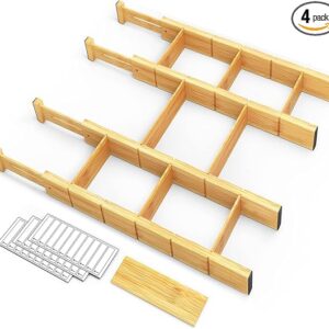 Adjustable Bamboo Drawer Dividers with Labels - 4-Piece SpaceAid Set