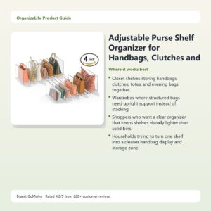 Adjustable Purse Shelf Organizer for Handbags, Clutches and Closet Storage
