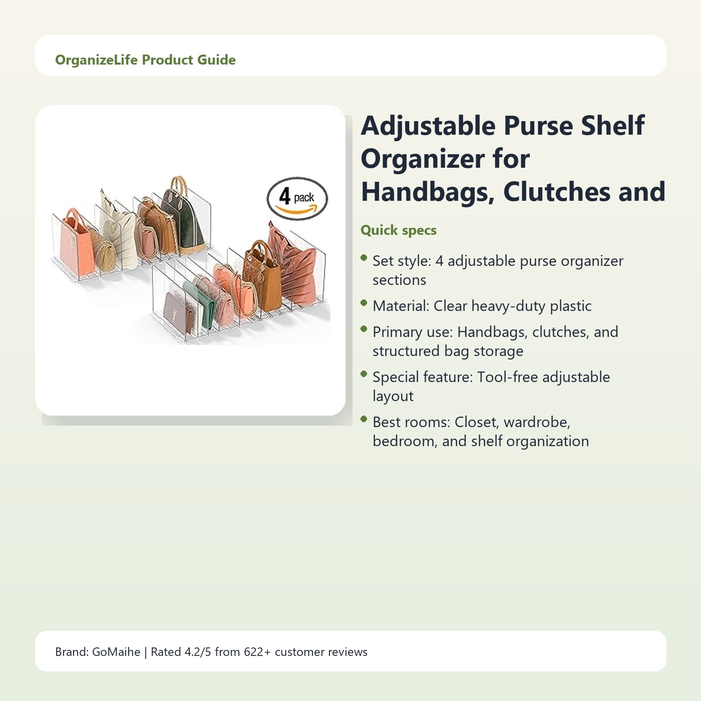 Adjustable Purse Shelf Organizer for Handbags, Clutches and Closet Storage - Image 2