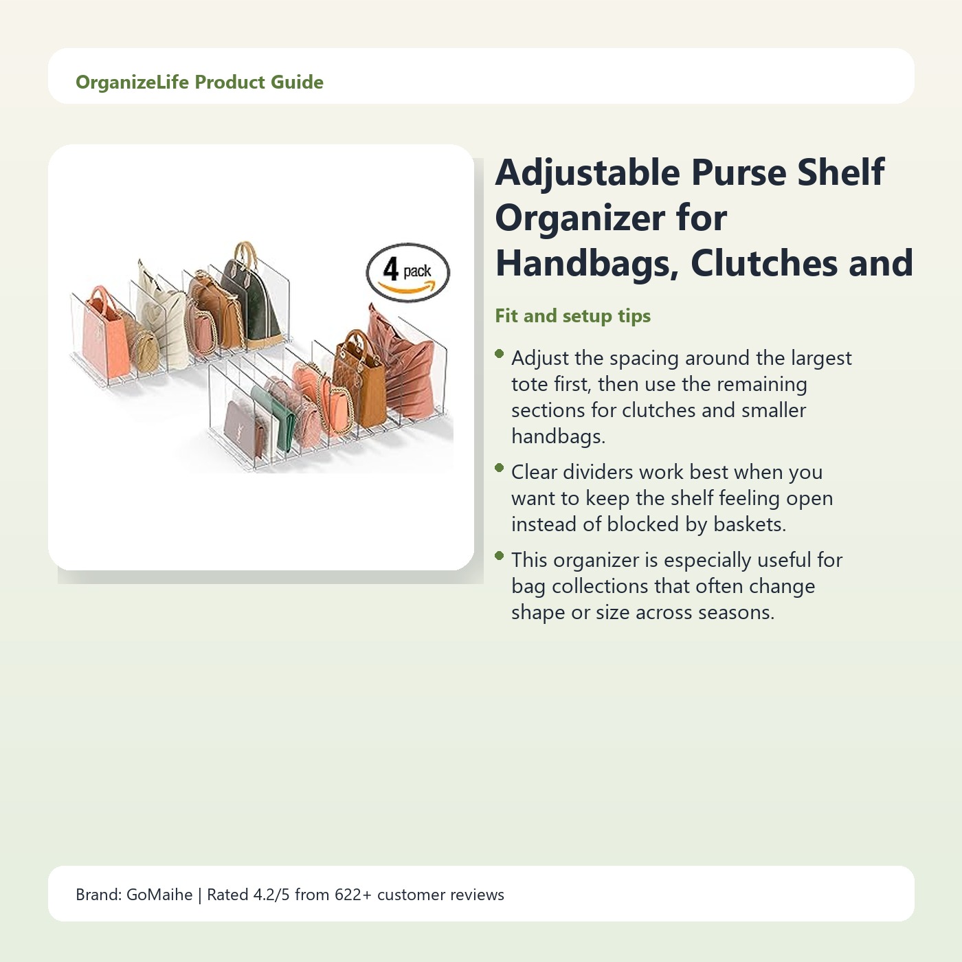 Adjustable Purse Shelf Organizer for Handbags, Clutches and Closet Storage - Image 3