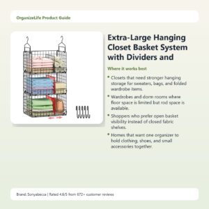Extra-Large Hanging Closet Basket System with Dividers and Accessory Hooks