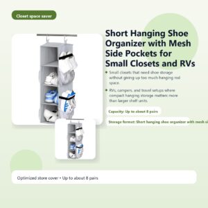 Short Hanging Shoe Organizer with Mesh Side Pockets for Small Closets and RVs